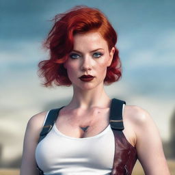 A hyper-realistic photo of a young woman with short wavy red hair, ivory skin, ruby red eyes, and black lips