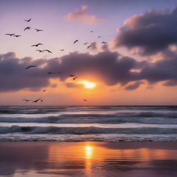 A dramatic and inspiring scene of a horizon at dawn, with the sun rising over a calm ocean