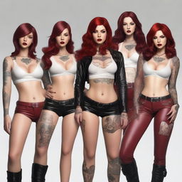 Create a hyper-realistic image of five young women with short and long wavy black and red hair