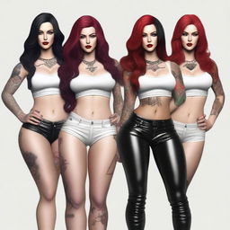 Create a hyper-realistic image of five young women with short and long wavy black and red hair