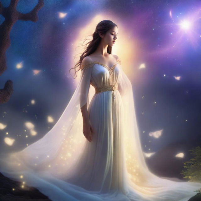 A divine goddess, adorned in flowing ethereal robes and surrounded by a celestial aura, searches for her true love