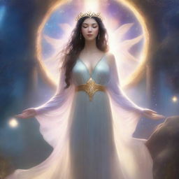 A divine goddess, adorned in flowing ethereal robes and surrounded by a celestial aura, searches for her true love