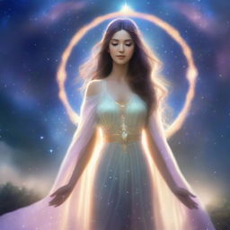 A divine goddess, adorned in flowing ethereal robes and surrounded by a celestial aura, searches for her true love