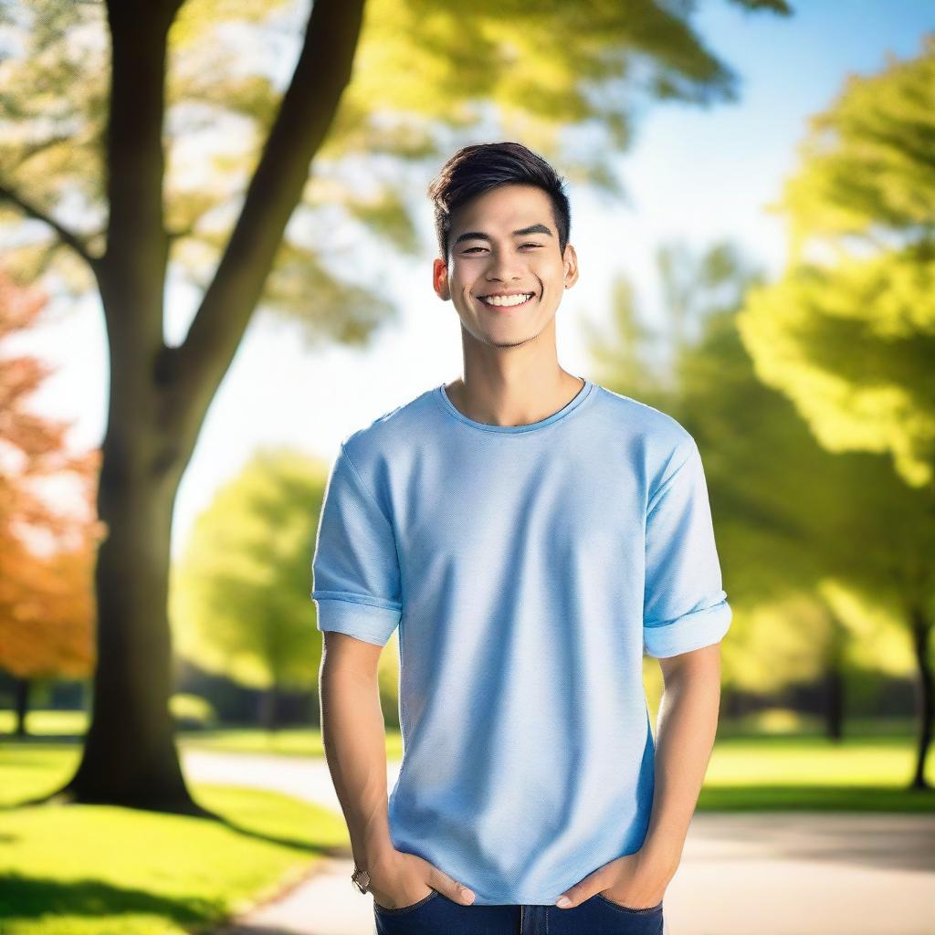 A young man standing confidently with a bright smile, wearing casual modern clothes