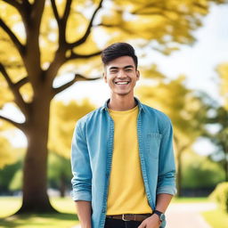 A young man standing confidently with a bright smile, wearing casual modern clothes