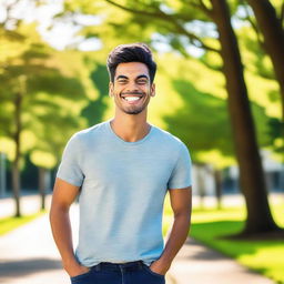 A young man standing confidently with a bright smile, wearing casual modern clothes