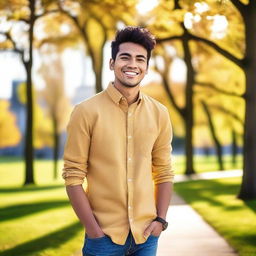 A young man standing confidently with a bright smile, wearing casual modern clothes