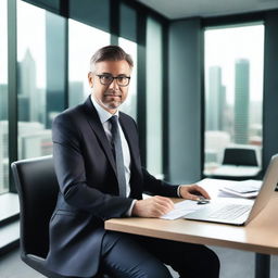 A professional director in a corporate office setting, dressed in a sharp business suit, sitting at a large desk with a laptop and documents