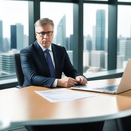 A professional director in a corporate office setting, dressed in a sharp business suit, sitting at a large desk with a laptop and documents