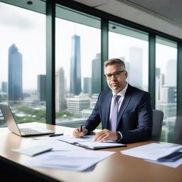 A professional director in a corporate office setting, dressed in a sharp business suit, sitting at a large desk with a laptop and documents