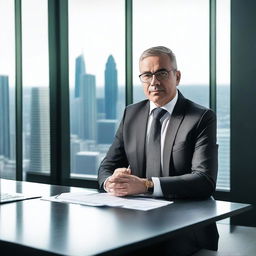 A professional director in a corporate office setting, dressed in a sharp business suit, sitting at a large desk with a laptop and documents