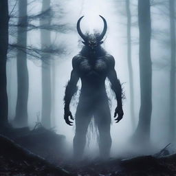 Create an image of a demon standing in a foggy forest