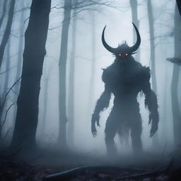 Create an image of a demon standing in a foggy forest