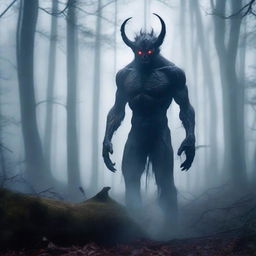 Create an image of a demon standing in a foggy forest