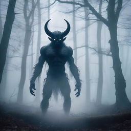 Create an image of a demon standing in a foggy forest