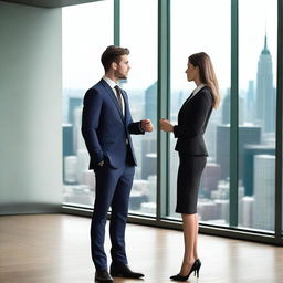 A young director in a modern office setting, wearing a sharp suit and exuding confidence