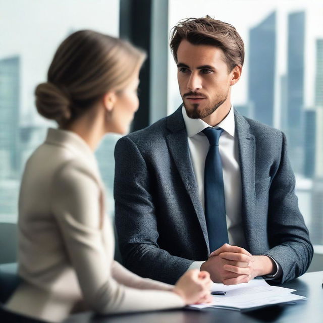 A young director in a modern office setting, wearing a sharp suit and exuding confidence