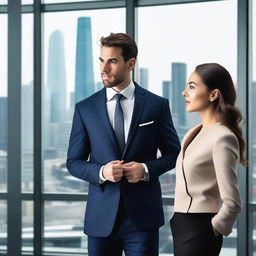 A young director in a modern office setting, wearing a sharp suit and exuding confidence