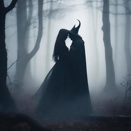 Create an image of a demon embracing a witch standing in a foggy forest