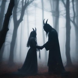 Create an image of a demon embracing a witch standing in a foggy forest