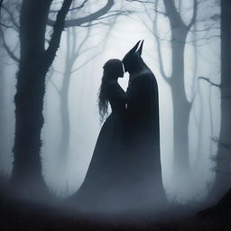 Create an image of a demon embracing a witch standing in a foggy forest