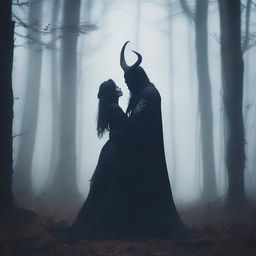 Create an image of a demon embracing a witch standing in a foggy forest