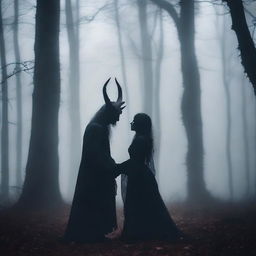 Create an image of a demon embracing a witch standing in a foggy forest