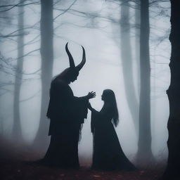 Create an image of a demon embracing a witch standing in a foggy forest