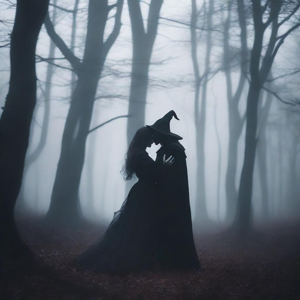 Create an image of a demon embracing a witch standing in a foggy forest