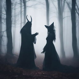 Create an image of a demon embracing a witch standing in a foggy forest