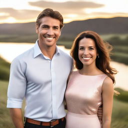 A handsome man and a beautiful woman standing together, both dressed elegantly