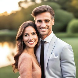 A handsome man and a beautiful woman standing together, both dressed elegantly