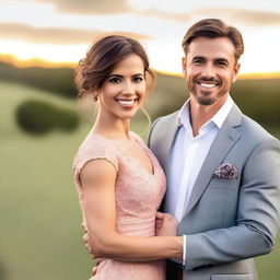 A handsome man and a beautiful woman standing together, both dressed elegantly