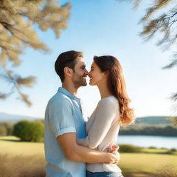 A handsome man and a beautiful girl standing together in a picturesque setting