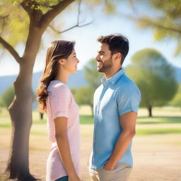 A handsome man and a beautiful girl standing together in a picturesque setting