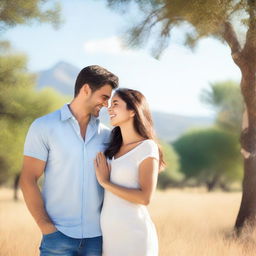 A handsome man and a beautiful girl standing together in a picturesque setting