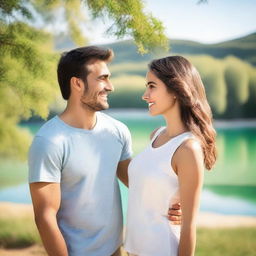 A handsome man and a beautiful girl standing together in a picturesque setting