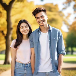 A handsome young man and a beautiful girl standing together, smiling warmly