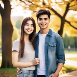 A handsome young man and a beautiful girl standing together, smiling warmly