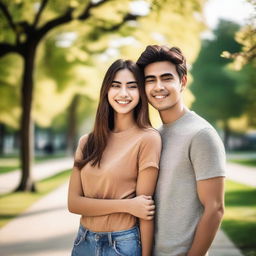 A handsome young man and a beautiful girl standing together, smiling warmly