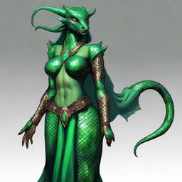 A dragonborn character with emerald scales covering her entire skin, featuring an exaggeratedly large chest and disproportionately wide hips