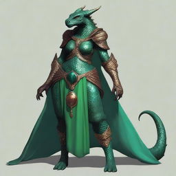 A dragonborn character with emerald scales covering her entire skin, featuring an exaggeratedly large chest and disproportionately wide hips