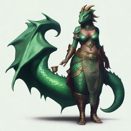 A dragonborn character with emerald scales covering her entire skin, featuring an exaggeratedly large chest and disproportionately wide hips