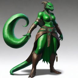 A dragonborn character with emerald scales covering her entire skin, featuring an exaggeratedly large chest and disproportionately wide hips