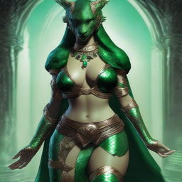 A dragonborn character whose skin is completely covered in emerald scales