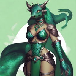 A dragonborn character whose skin is completely covered in emerald scales