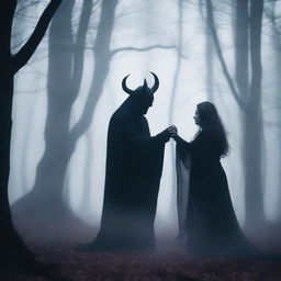 Create an image of a demon embracing a witch standing in a foggy forest