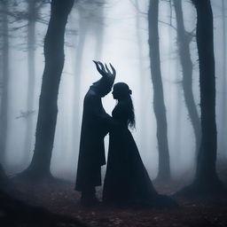 Create an image of a demon embracing a witch standing in a foggy forest