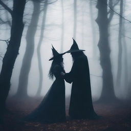 Create an image of a demon embracing a witch standing in a foggy forest