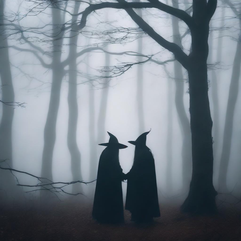 Create an image of a demon embracing a witch standing in a foggy forest